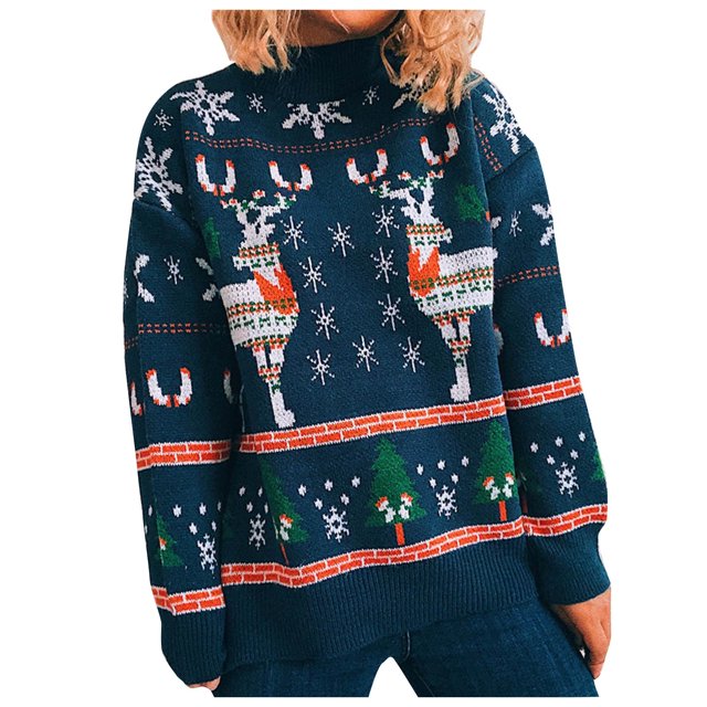 IROINID Chandail à Col Rond pour Femmes Imprimé Ample Mi-Long à Manches Longues Flocon de Neige Sapin de Noël Chandail pour Dames