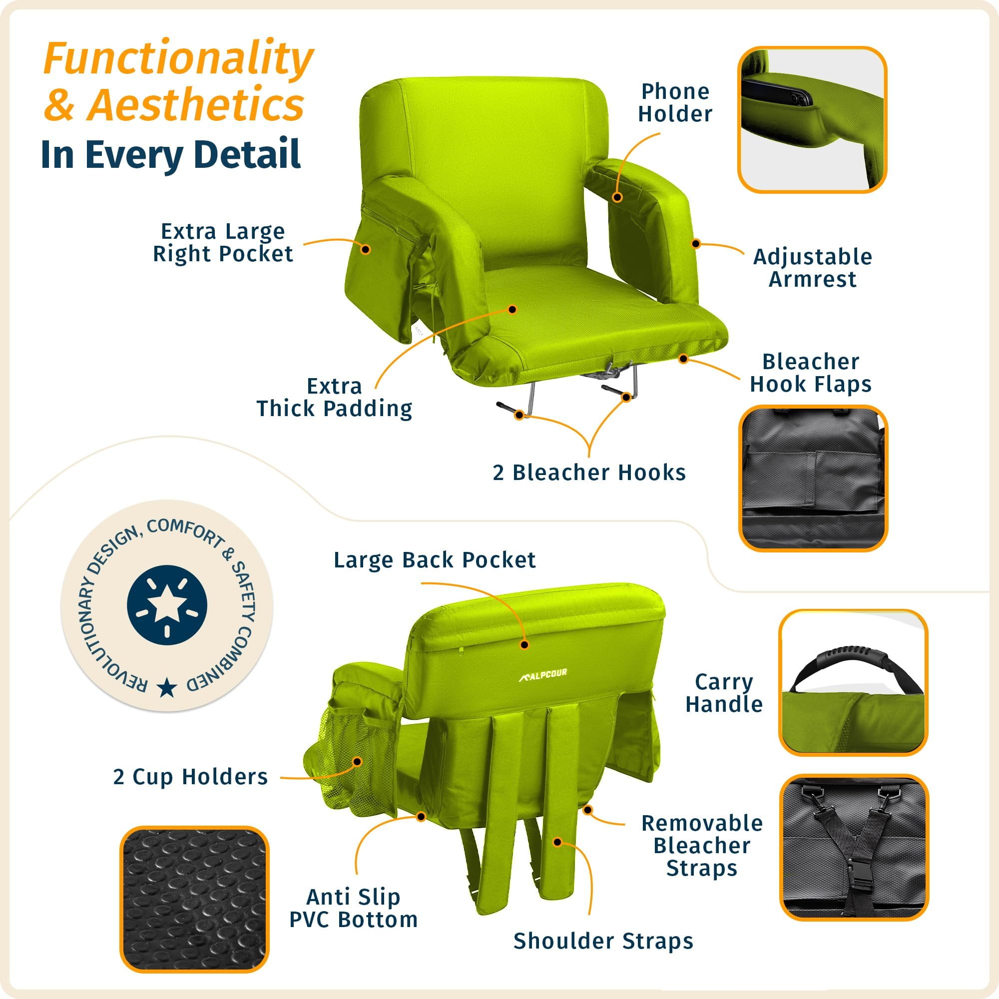 Reclining Stadium Seats for Bleachers with Back Support  Wide Bleacher Chair Cushion, Armrests, Large Pockets, and Multiple Safety Features  Best Stadium Seat Chairs for Camping, Kayak Backs & More