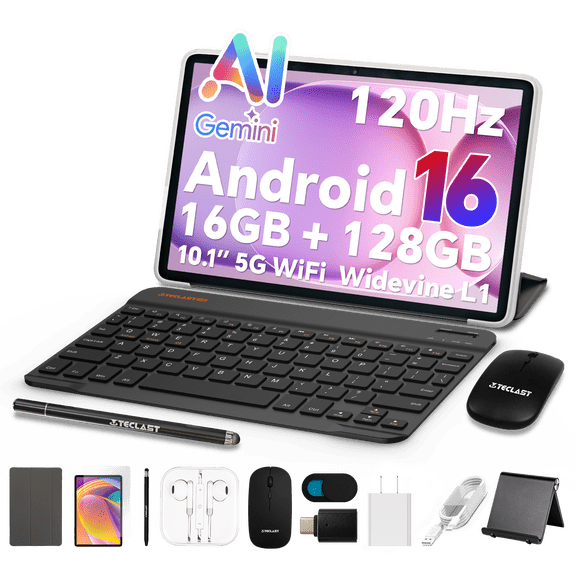 TECLAST P30T Android 16 Tablet 10.1 inch 120Hz Tablet with Keyboard Mouse Case, 10 Accessories Set, 16GB RAM 128GB ROM (1TB TF), T610 Octa-core CPU, 5G Wi-Fi/Widevine L1/GPS/6000mAh/BT5.0/GMS/OTG