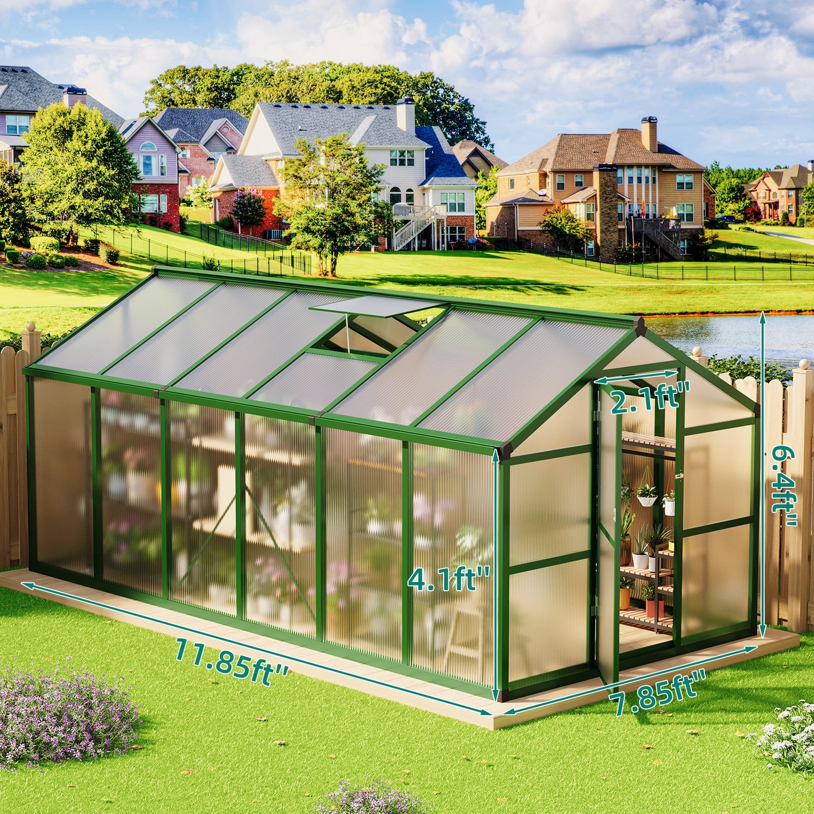 8x12FT Walk-in Green Houses,Large Aluminum Greenhouses for Outdoors,Heavy Duty Polycarbonate Greenhouse with Roof Vent, Greenhouse for Winter Garden,Backyard,Patio,Lawn,Easy Assembly(ship in 2 boxes)