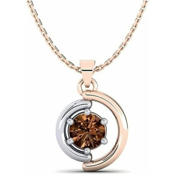 1 CT Round Shape Brown Diamond Half Circle Wedding Engagement Pendant Necklace with 18" Crisscoss Chain 14K Rose Gold Plated 925 Sterling Silver Gift for Womens