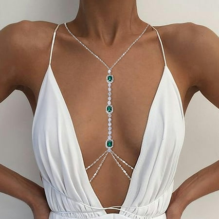 MATROOY Green Crystal Chest Bra Chain Women Sexy Body Decoration Lingerie Nipple Jewelry-silver