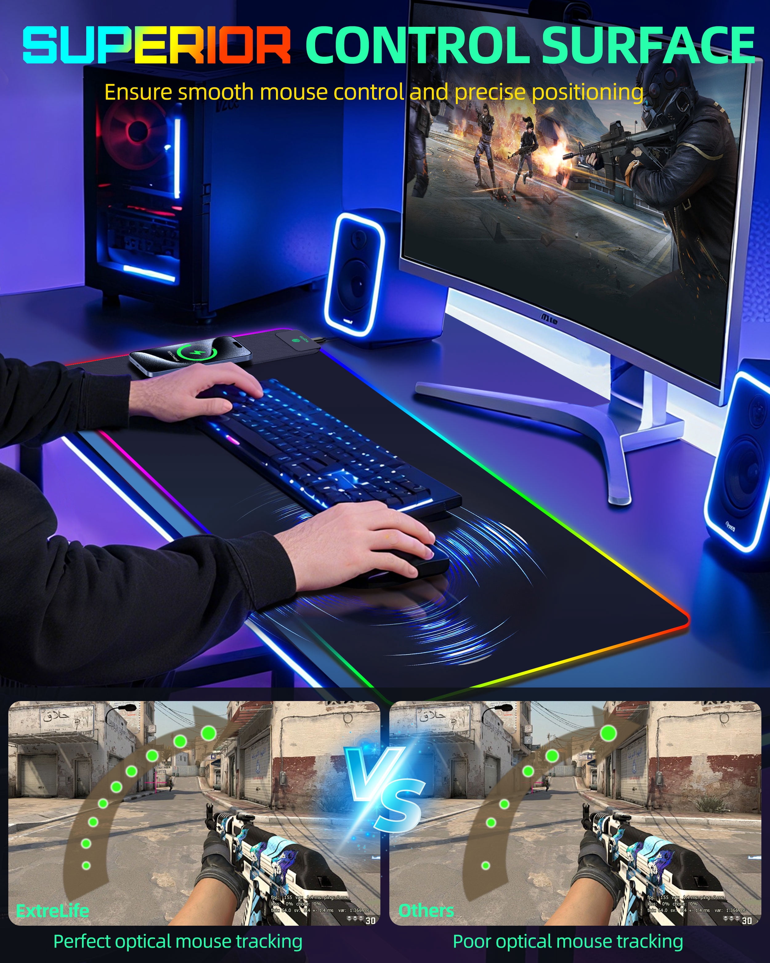 Extrelife RGB Gaming Mouse Pad with Magnetic Wireless Charger, 11 Lights Modes, LED Mouse Mat 15W Fast Charging for Home, Office, School