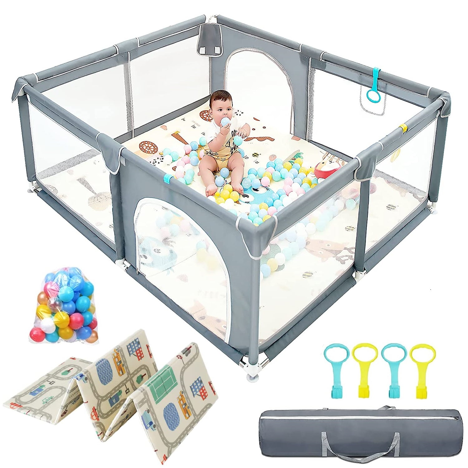 Baby Playpen 71X59 Inch Baby Playard with Mat 30 Ocean Balls for