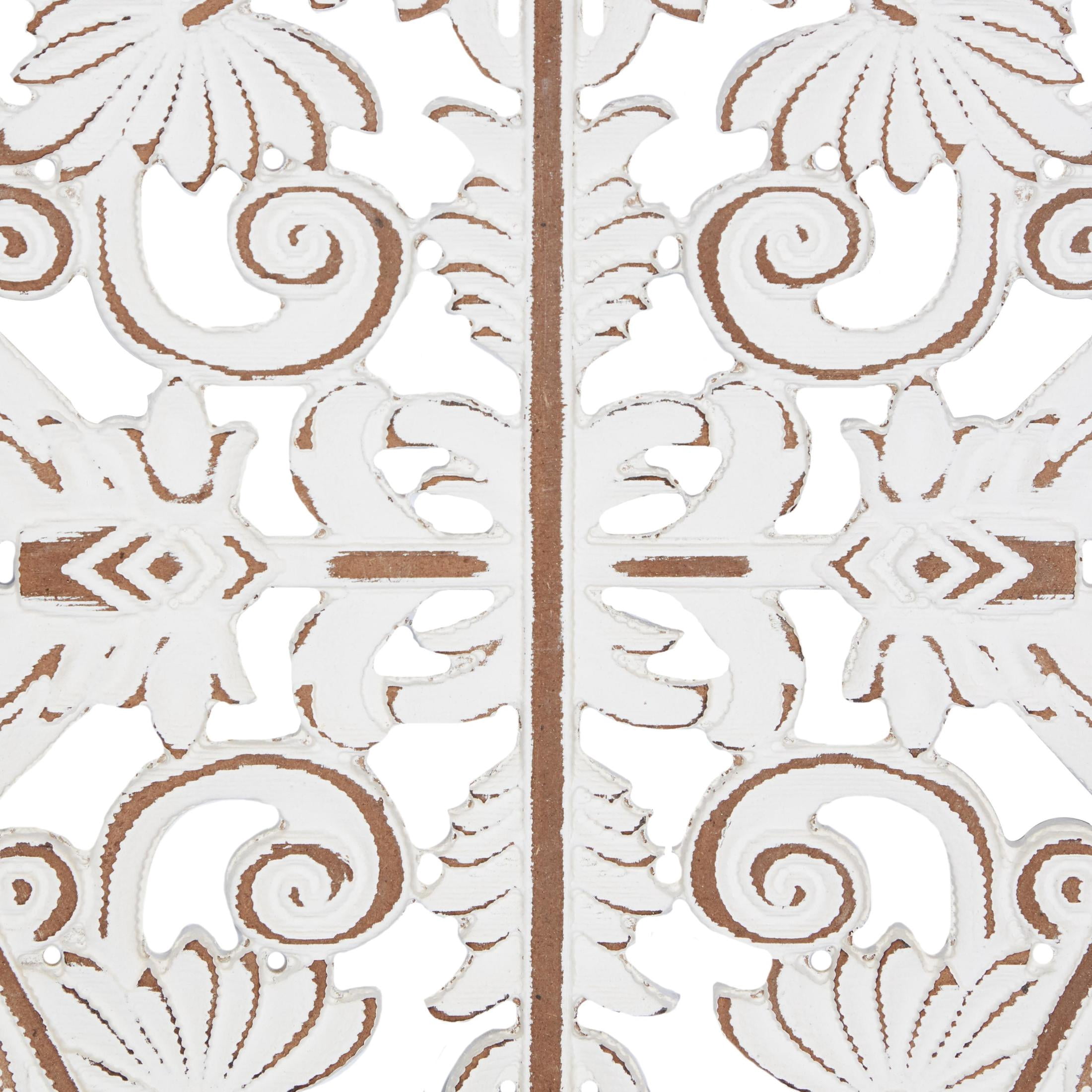 DecMode White Wooden Carved Scroll Wall Decor with Gray Geometric Metal Ring Frames (3 Count)