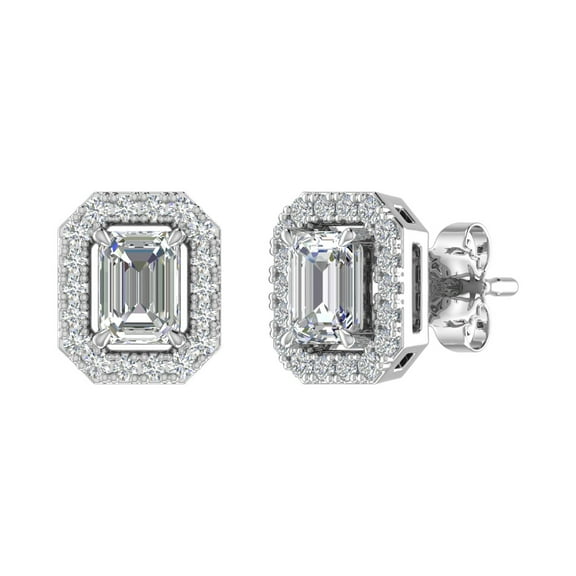 3/4 Carat Emerald Cut Halo Diamond Stud Earrings in 14K White Gold