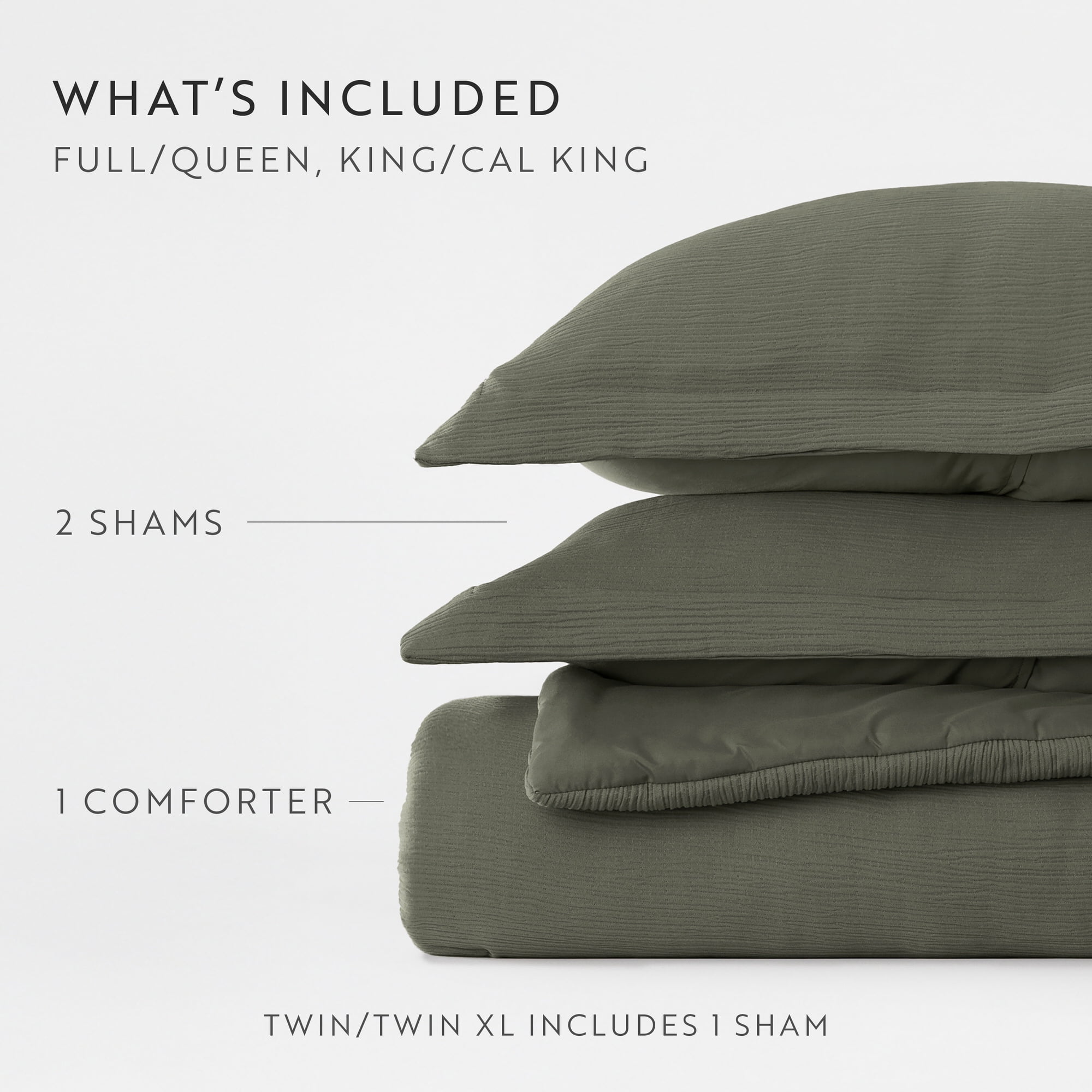 Noble Linens 3 Piece Cloud Gauze Textured All Season Down-Alternative Comforter Set, Olive, Full/Queen