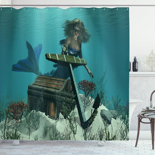 Mermaid Shower Curtain, Mermaid in Ocean Sea Discovering Pirate's