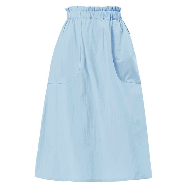 Falda de algodón para mujer INSPIRE CHIC con cintura elástica, falda midi tipo campesina A-line con bolsillos, L azul claro
