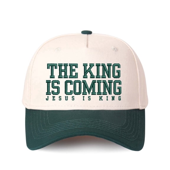 THE KING IS COMING JESUS IS KING Letter Embroidered Color Block Trucker Hat Unisex Adjustable Cotton Breathable Fashion Cap for Travel Daily Wear