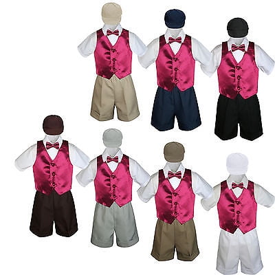 Boys Toddler Formal Vest Shorts Suits Satin Vest Navy Bow Tie Hat 5pc Set S-4T