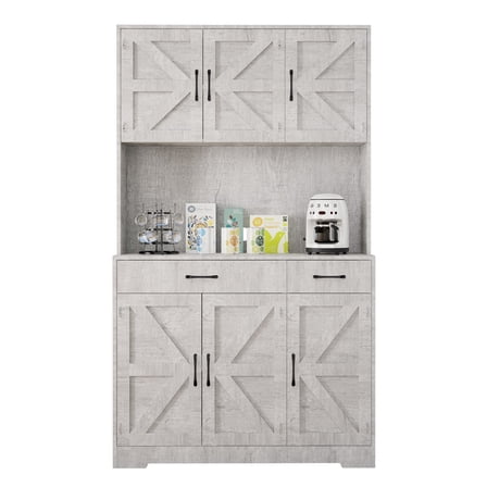Hersunpl 71" Tall White Pantry Cabinet with Charging Station & Microwave Stand, Farmhouse Kitchen Storage Cabinet with Adjustable Shelves & Drawers Gray
