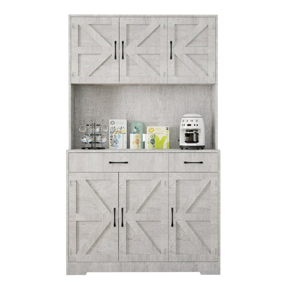 Hersunpl 71" Tall White Pantry Cabinet with Charging Station & Microwave Stand, Farmhouse Kitchen Storage Cabinet with Adjustable Shelves & Drawers Gray