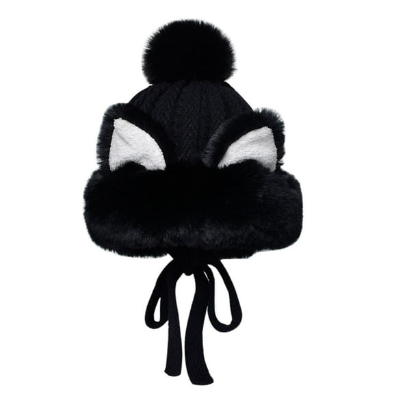 Kripyery Women Winter Cute Cat Ears Plush Hat Solid Color Ear Protection Knitting Hat Lace-up Keep Warm Headgear