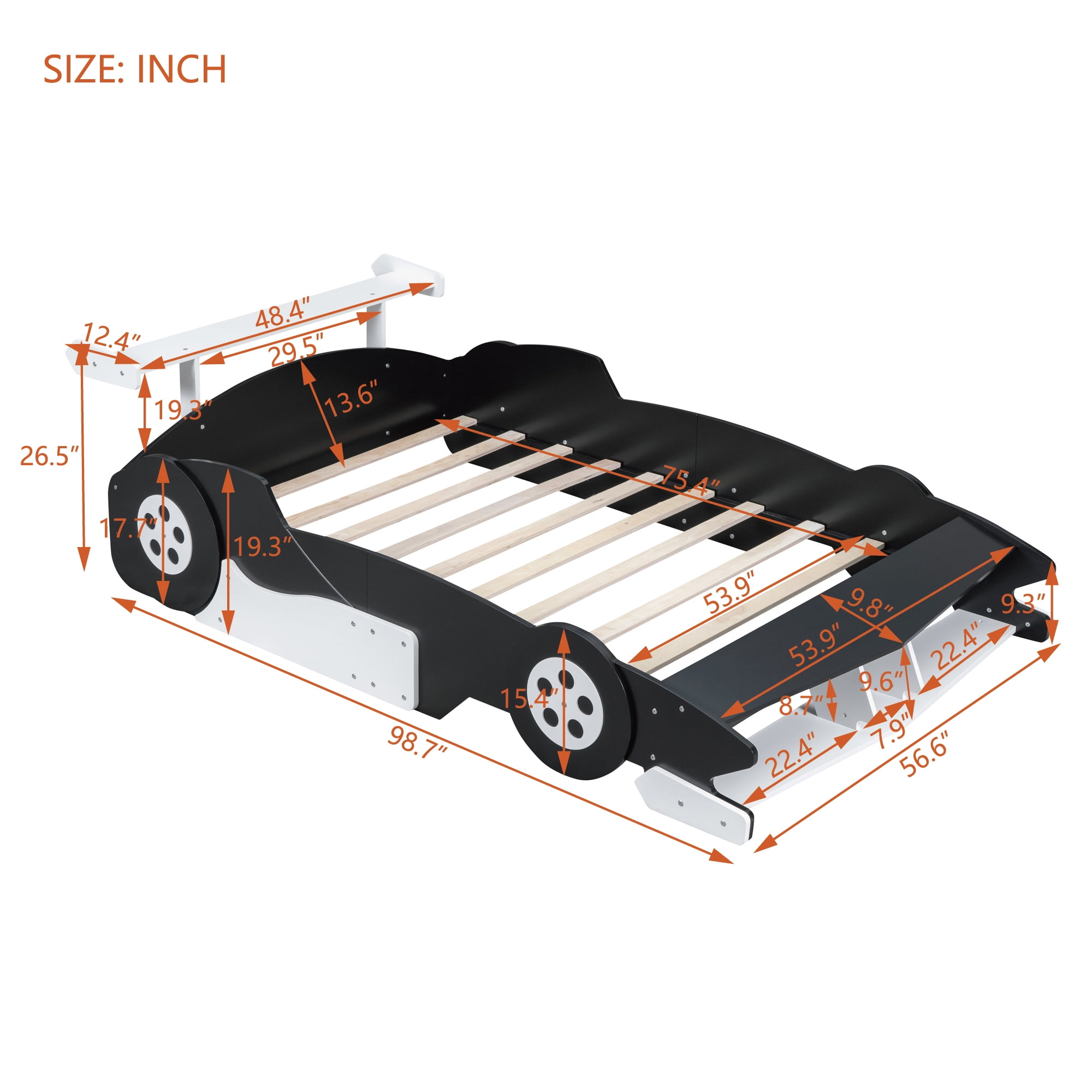 Kumix Full Size Race Car-Shaped Platform Bed with Shelves and Wheels, Wooden Platform Bed for Boys and Girls, Car-Shaped Floor Bed Frame for Bedroom, Full Size Floor Bed, Black
