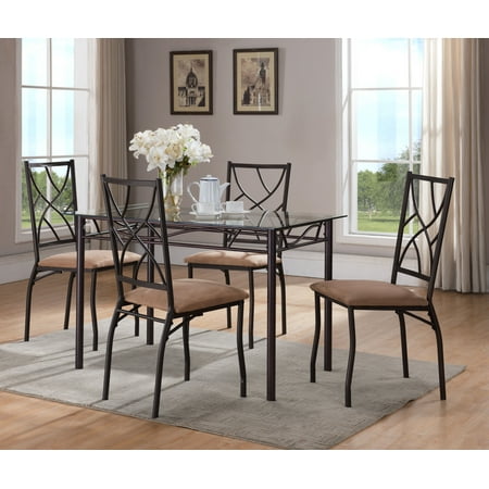 Colette 5 Piece Kitchen Dining Set, Bronze Metal Frame & Tempered Glass Top, Rectangular, Contemporary (Table & 4