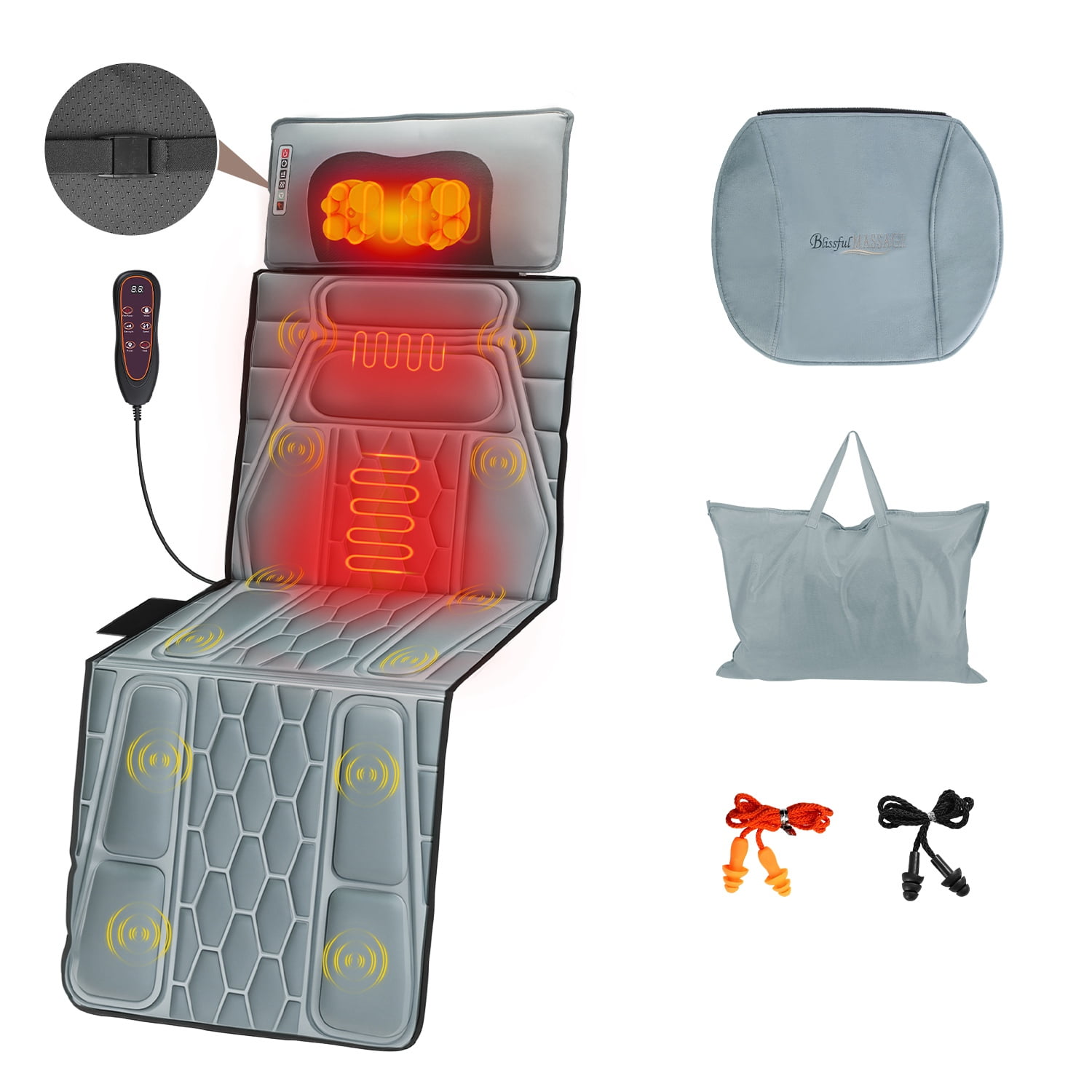 Imountek Flannel Full Body Massage Mat with Heat Timer, Multifunctional Electric Massage Chair Pad with Shiatsu Neck Massager Carry Bag Earplugs Anti-Slip Bottom for Home