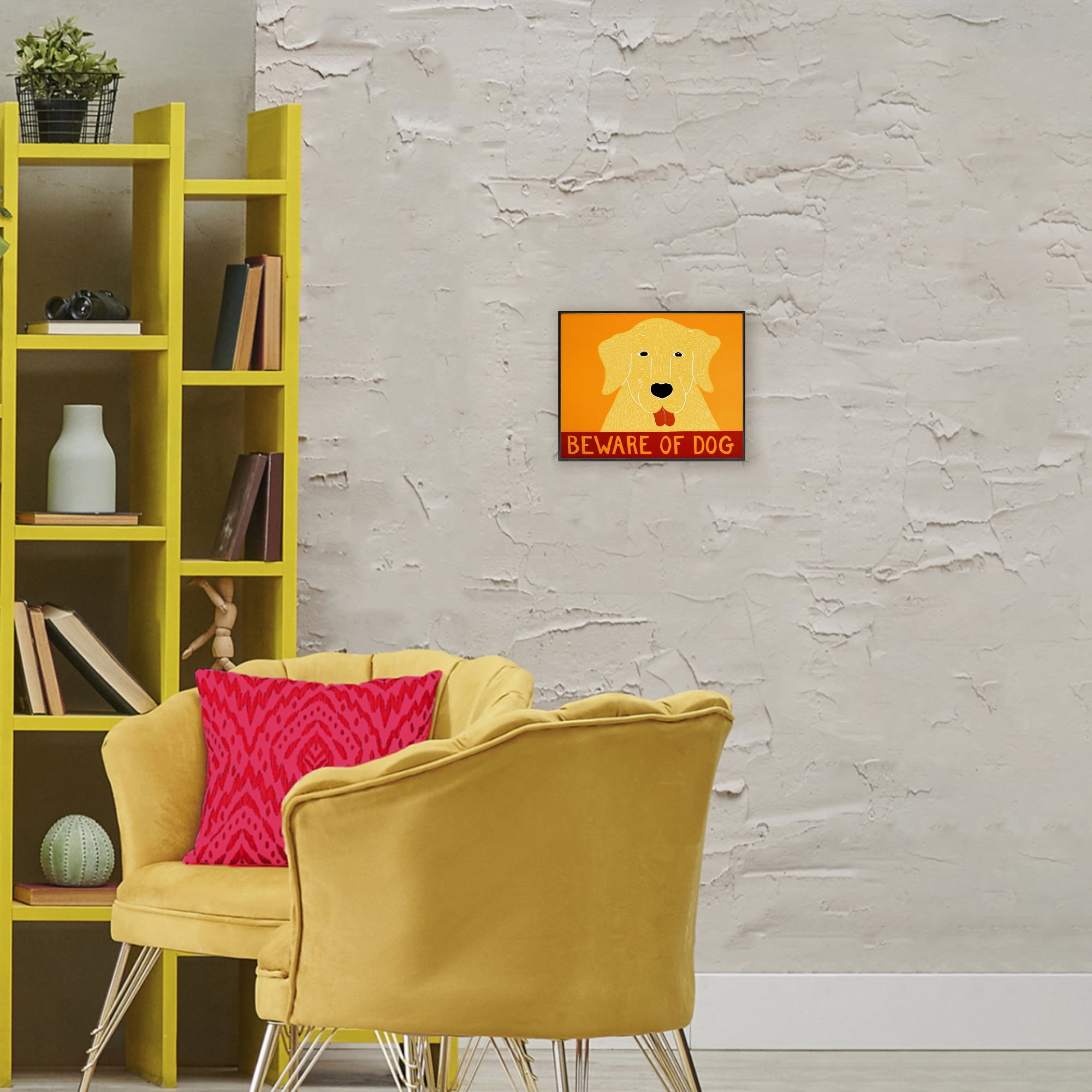 Beware Of Dog Yellow & Red Black Framed Giclee Art, design by Stephen Huneck