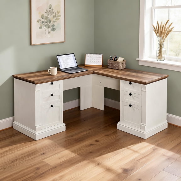 OKD 60" Farmhouse L Shaped Desk，Computer Desk with Drawers，Office Work & Gaming Desk，For Study & Living Room Use