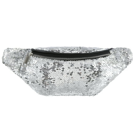 - HDE Sequin Fanny Pack Rave Festival Waist Pack Bum Bag Outdoor Travel Crossbody Hip Bag (Silver)