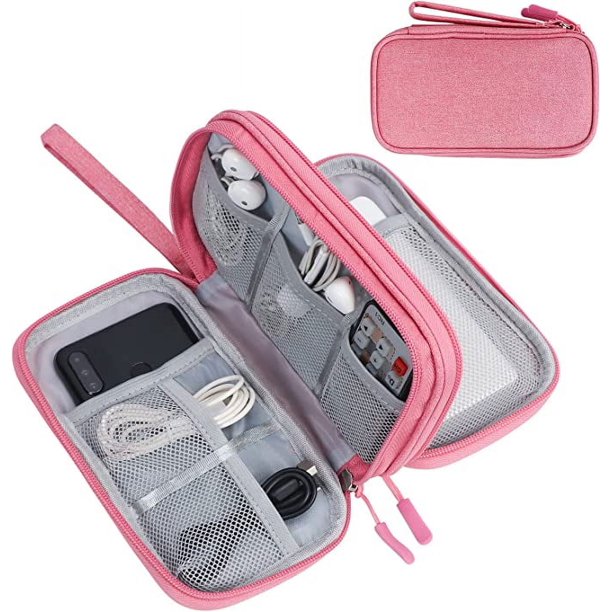 Bolsa de almacenamiento de accesorios electrónicos (rosa), bolsa de almacenamiento de cables de viaje, bolsa de herramientas de viaje integrada de doble capa impermeable portátil, adecuada para cables