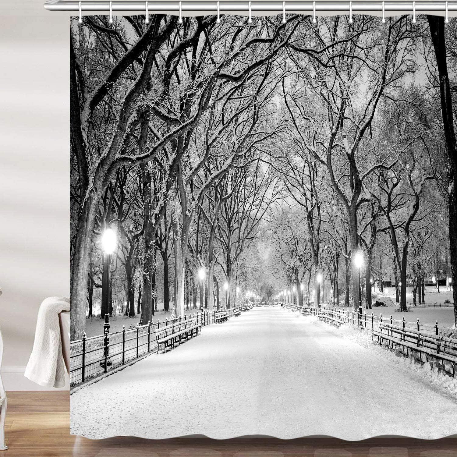 Winter Street View Shower Curtain, New York Central Park Night Snow
