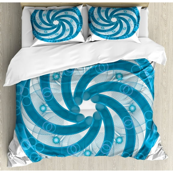 Spires Duvet Cover Set, Computer Rendered Abstract Fractal Design Rotary Turning Futuristic Hole Tube Whirl Design, Decorative 3 Piece Bedding Set with 2 Pillow Shams, Calking Size, Blue, by Ambesonne