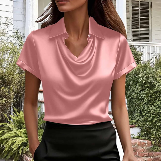 TaTaai Women's Open Collar Top, Short Sleeve Button Down Casual Blouse, Solid Color Lightweight Summer Shirt, Loose Fit Fashion Everyday Wear Gift