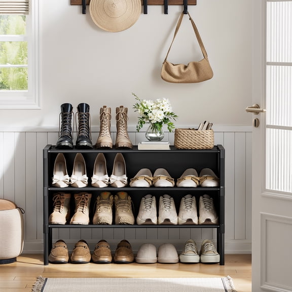 BGTREND 3 Tier Shoe Rack with Cover 12 Pair Shoe Shelves Organizer for Closet, Entryway, Hallway, Bedroom, Black