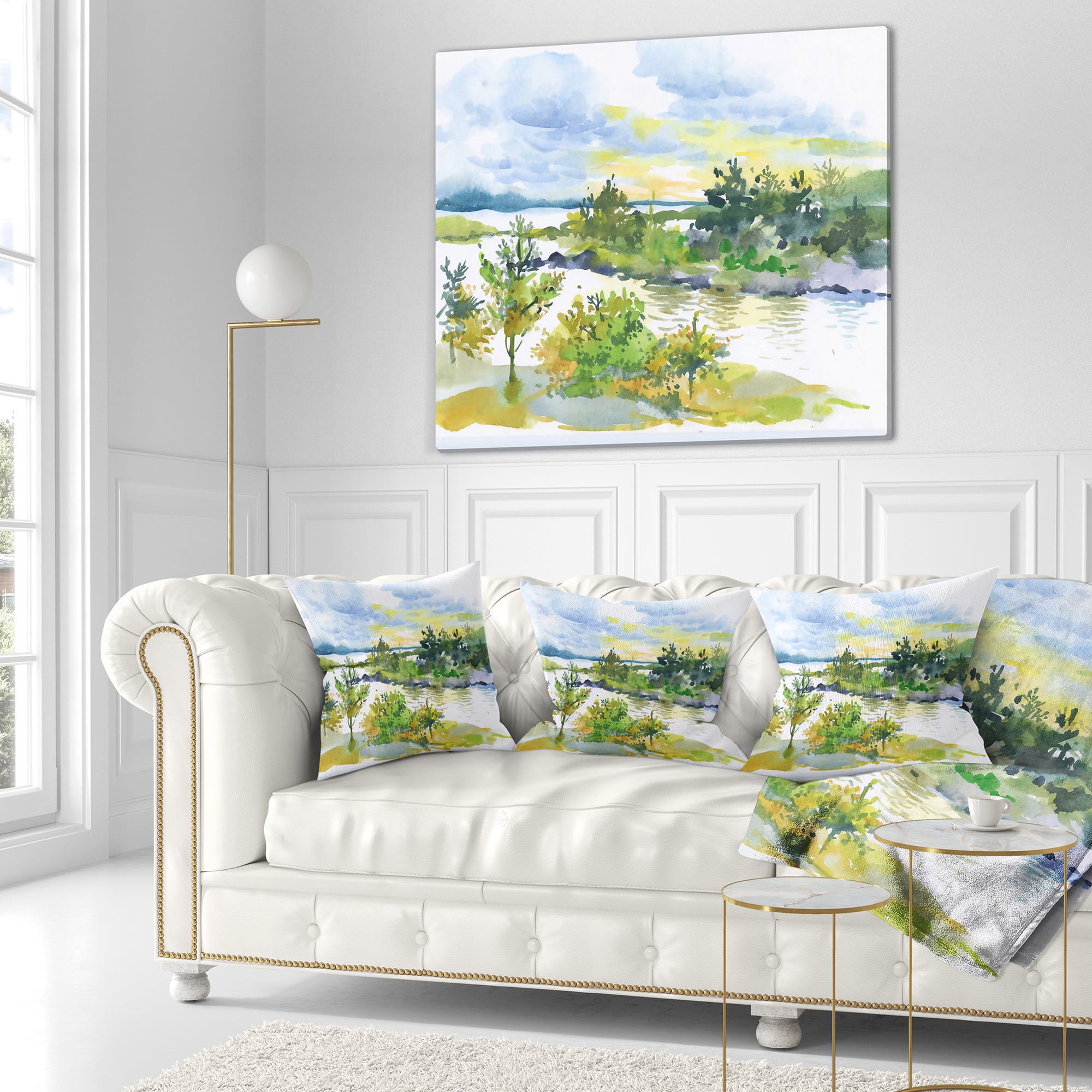 Designart Autumn Forest and Lake Watercolor - Landscape Printed Throw Pillow - 18x18