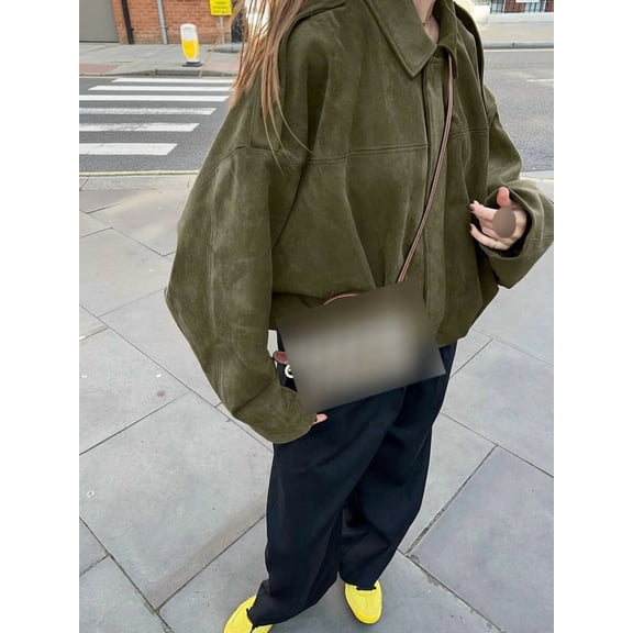 Women's Loose Casual Faux Suede Long Sleeve Jacket, Oversized Lapel Zipper Coat With Pockets, For Spring Autumn Daily Wear