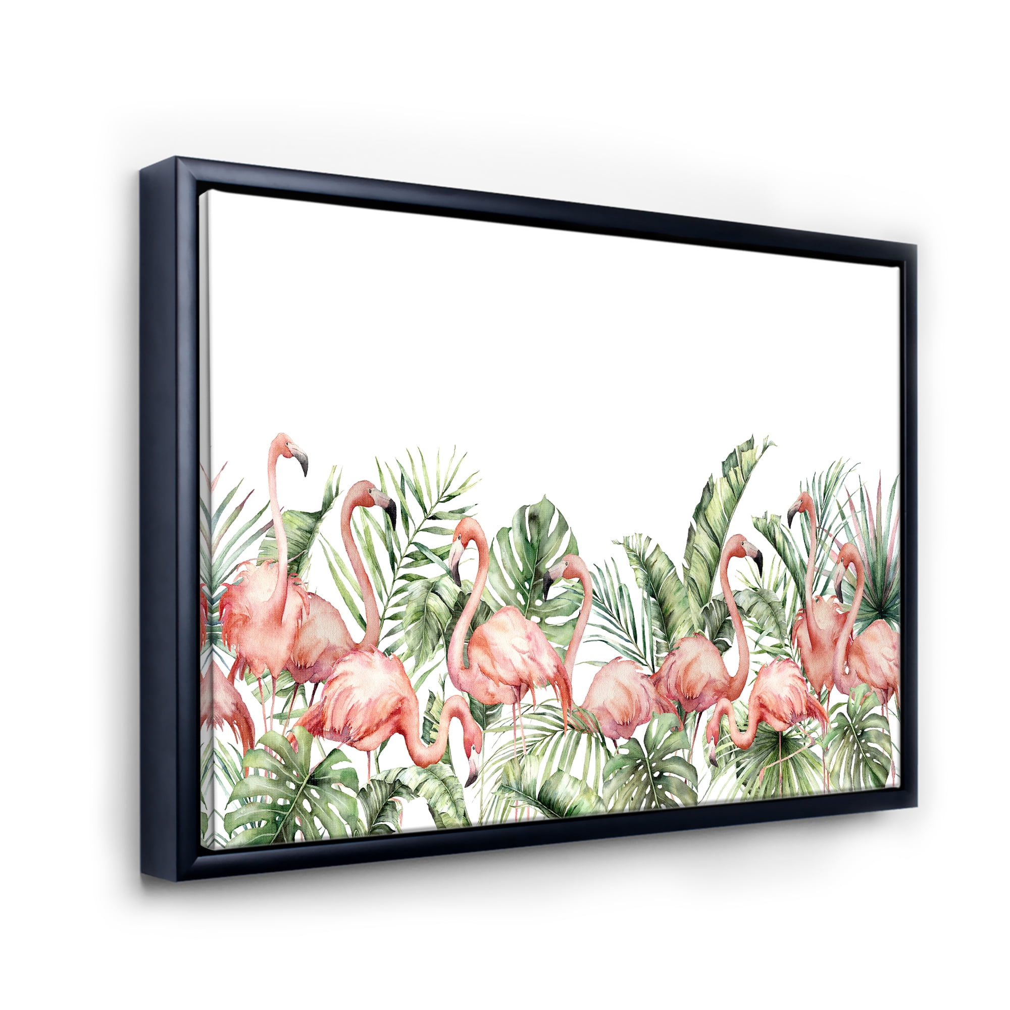 Designart 'Palm Leaves and Pink Flamingos Tropical Birds' Traditional Framed Canvas Wall Art Print