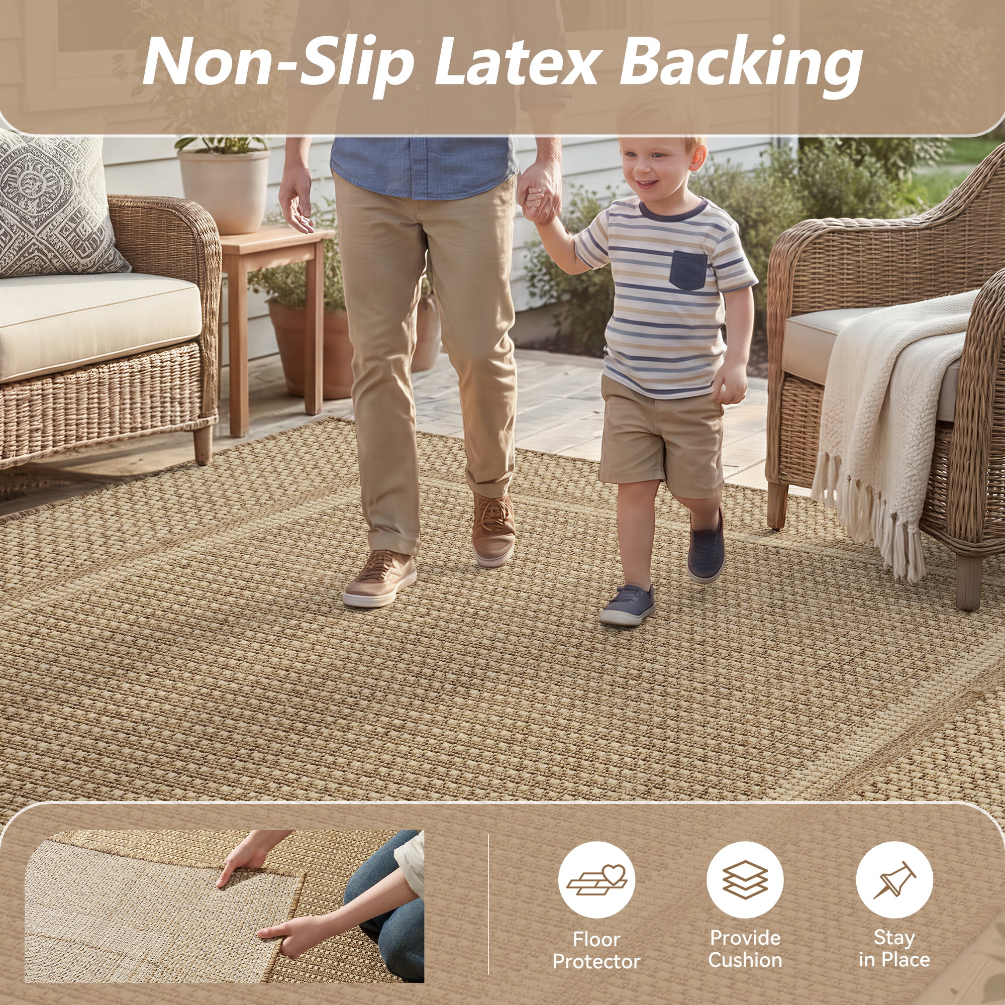 SIXHOME Outdoor Rugs 8'x10' Patio Rug Modern Bordered Indoor Outdoor Rugs Polypropylene Washable Non Shedding, Easy Clean, Waterproof, Durable Outdoor Carpet for Porch Balcony Deck Neutral Brown