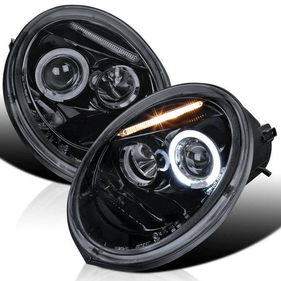 Spec-D Tuning Halo Glossy Black Housing Smoke Lens Projector Headlights Lamps Compatible with 1998-2005 Volkswagen Beetle With Factory Halogen Headlight, Left   Right Pair Headlamps Assembly