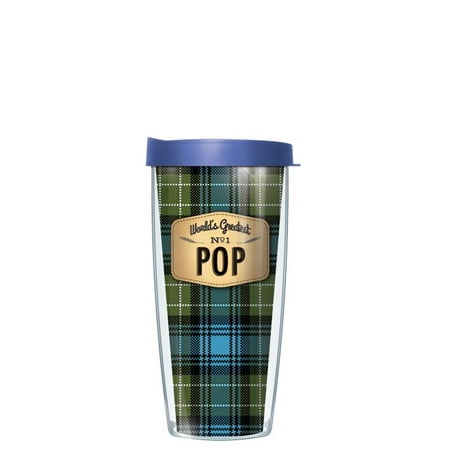 

World s Greatest Pop On Blue Flannel Tumbler Cup 16oz Mug with Lid