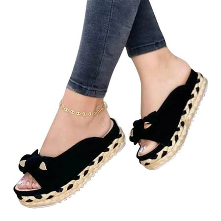 

Sandals Women Peep Toe Bow Vintage Straw Platform Heel Summer Slippers Casual Shoes