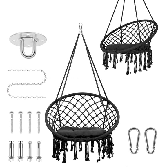 Black Hanging Hammock Chair with Cushion, Macrame Cotton Rope Swing Chair, Tassel Hammock Chair for Kids Adults Bedroom Living Room Patio