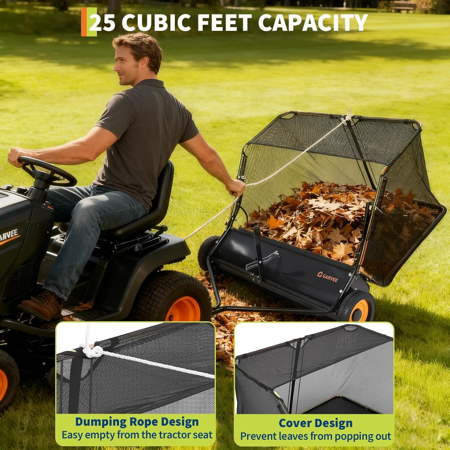 Garvee Tow Behind Lawn Sweeper, 44 Inch Pull Behind Lawn Sweeper, 26 cu. ft Large Hopper Leaf Collector, Heavy Duty Yard Sweeper with Adjustable Brush Height Lever for Yard and Grass Cleanup Tool