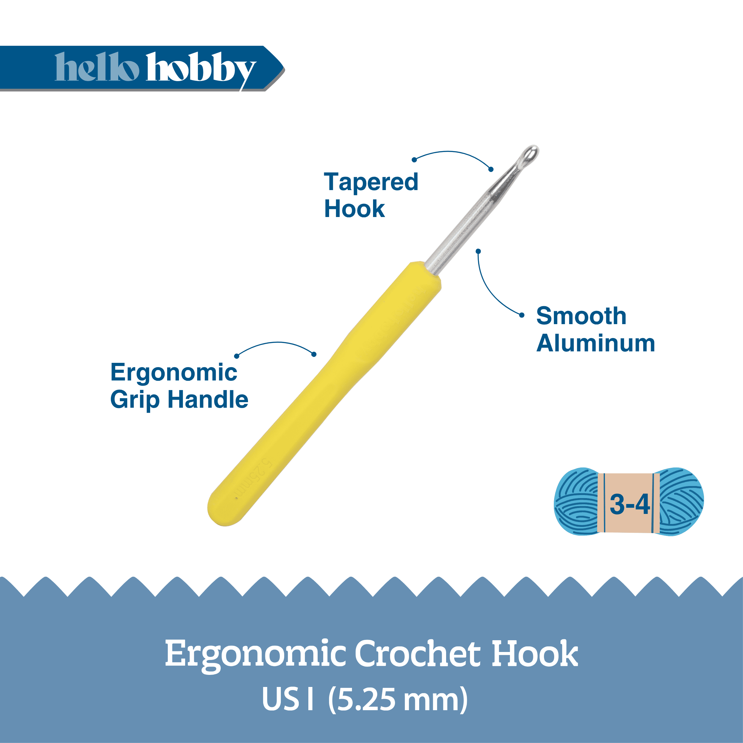 Hello Hobby Ergonomic Crochet Hook, Size I, 5.25 mm