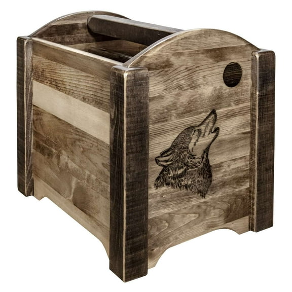 Homestead Collection Magazine Rack w/ Laser Engraved Wolf Design, Stain & Clear Lacquer Finish
