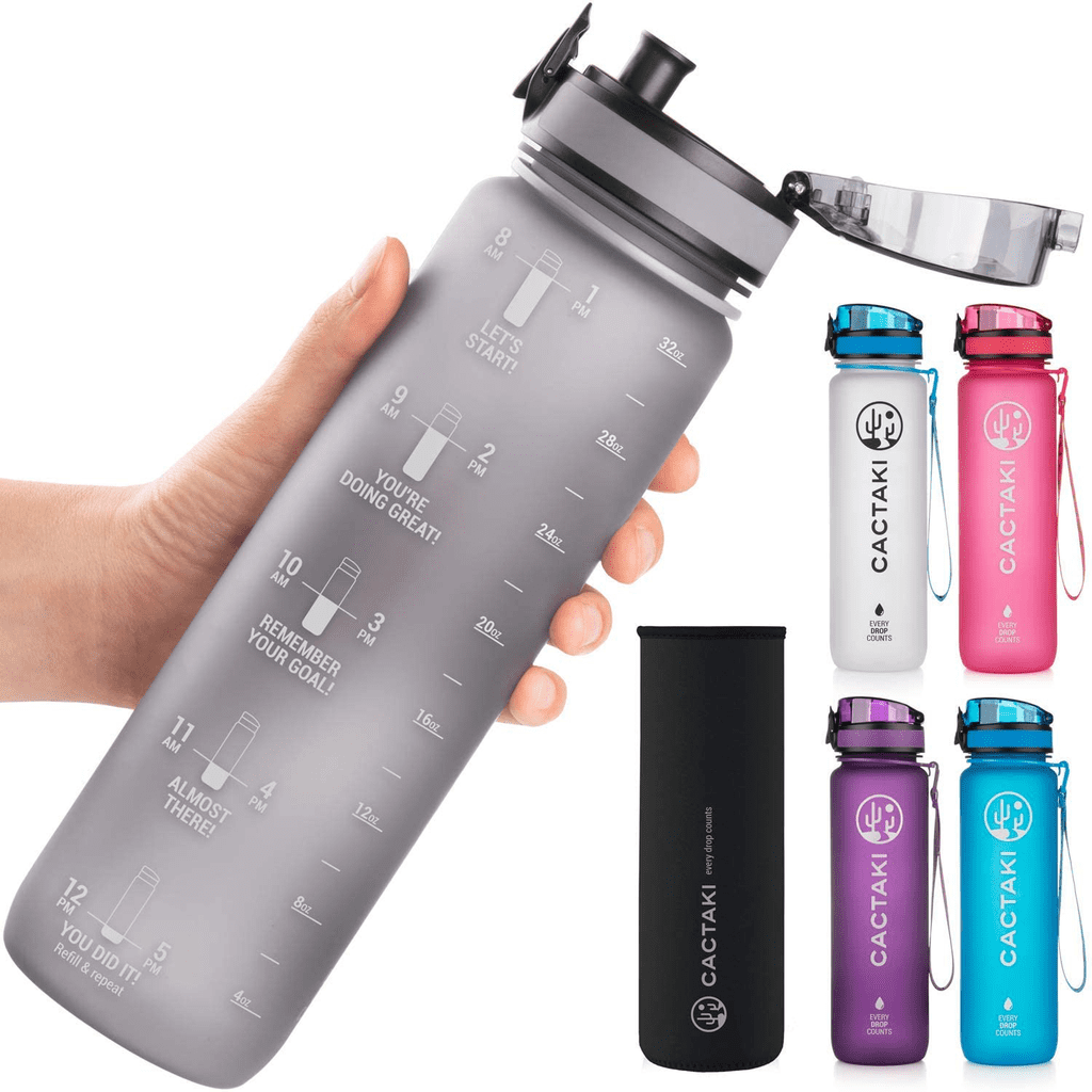 Cactaki 32oz Water Bottle With Time Marker BPA Free Non Toxic