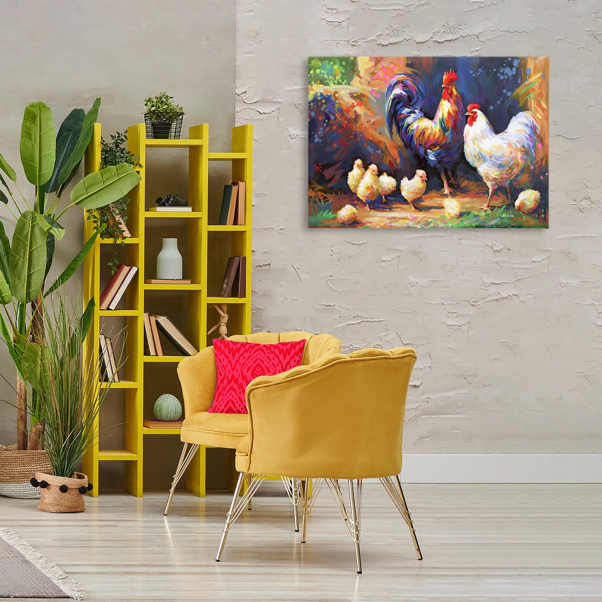 Stupell Industries Chicken Family Paint Splatter Animals & Insects Painting Gallery Wrapped Canvas Art Print Wall Art, 36 x 24