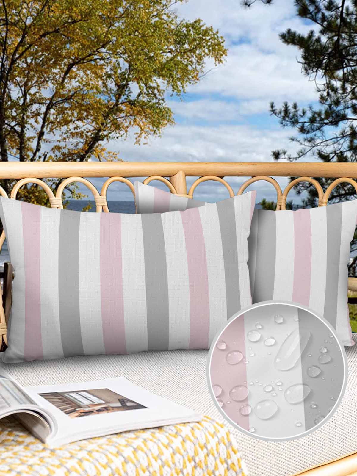 Outdoor Waterproof Throw Pillow Covers Set of 2 Pink Grey Striped Decorative Pillowcases Lumbar Outdoor Pillows Cushion Case 20x12 Inch Vertical Stripes Patio Pillows for Couch Sofa Bed Garden