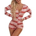 thumbnail image 2 of KelaJuan Women Christmas Printed Pattern Pajama, V-neck Long Sleeve Bodycon Playsuit, Red/ Wine Red/ Navy/ Black, 2 of 5