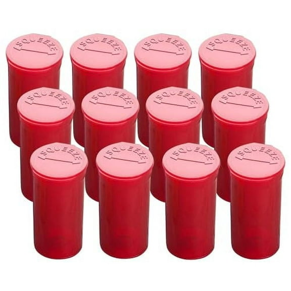 Multi-Use 13 Dram Pop Top Empty Pill Containers, Waterproof Airtight Plastic Bottles for Herbs, Supplements, Vitamins & Medicines, 12 Pack (Red Transparent)