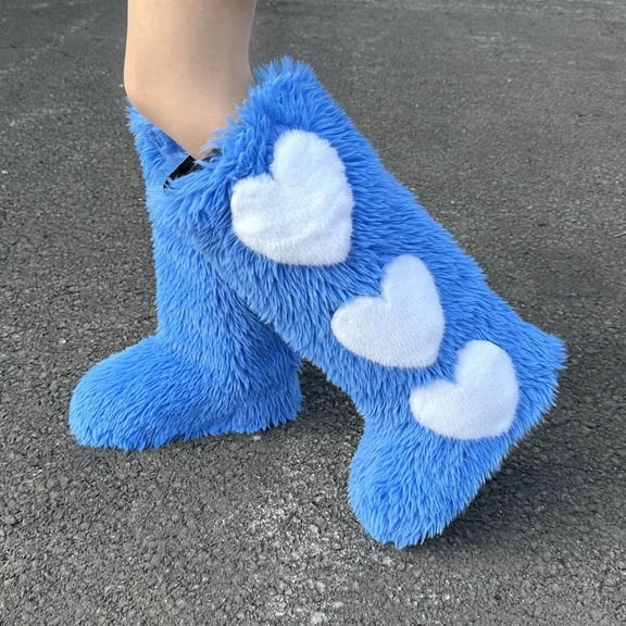 Xfvqtps Womens Plush Furry Snow Boots Knee High with Heart Decor Cute Winter Boots Warm Flat Sole Boots