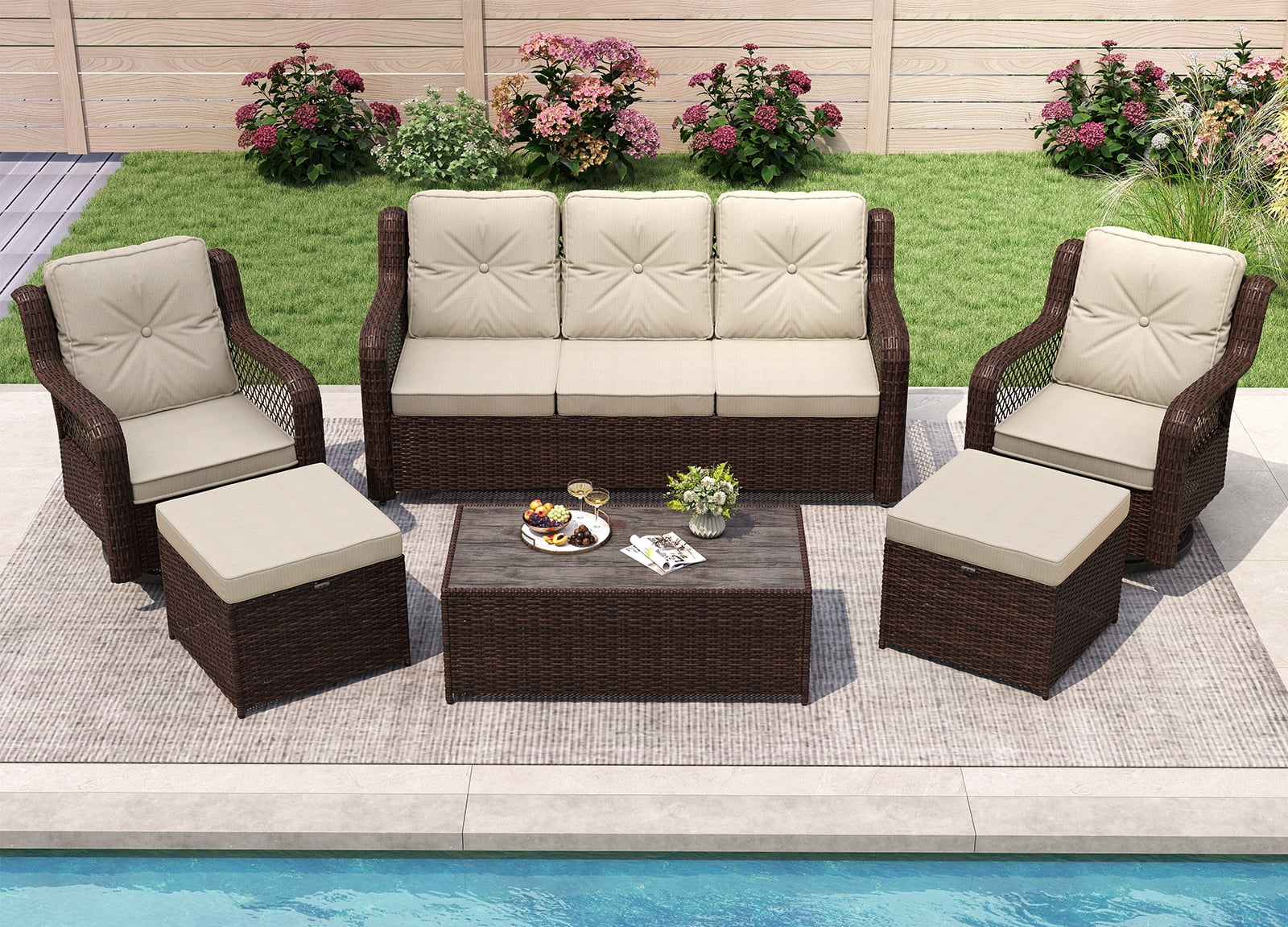 Mvpipi Outdoor Patio Furniture Set with Swivel Chairs and Ottoman, 6 Pieces All-Weather Wicker Patio Conversation Sets with Sofa and Coffee Table for Backyard, Porch, Balcony, Beige