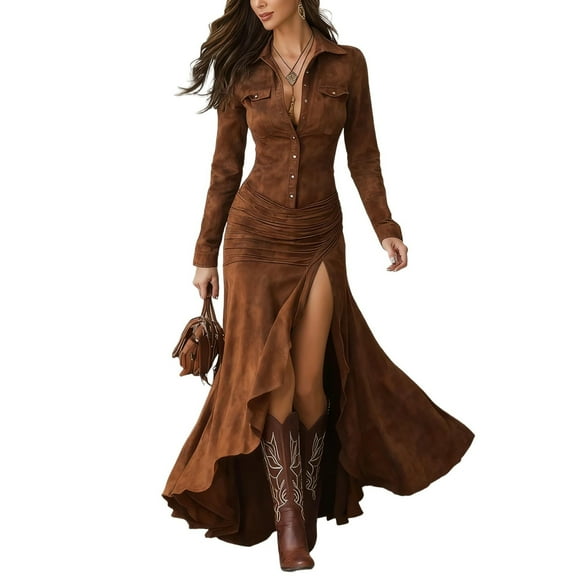 CharmCyan Long Sleeve Button Down Maxi Dress with Ruffled High Slit Hem and Ruched Waist Western Style Shirt Collar Design Brown S