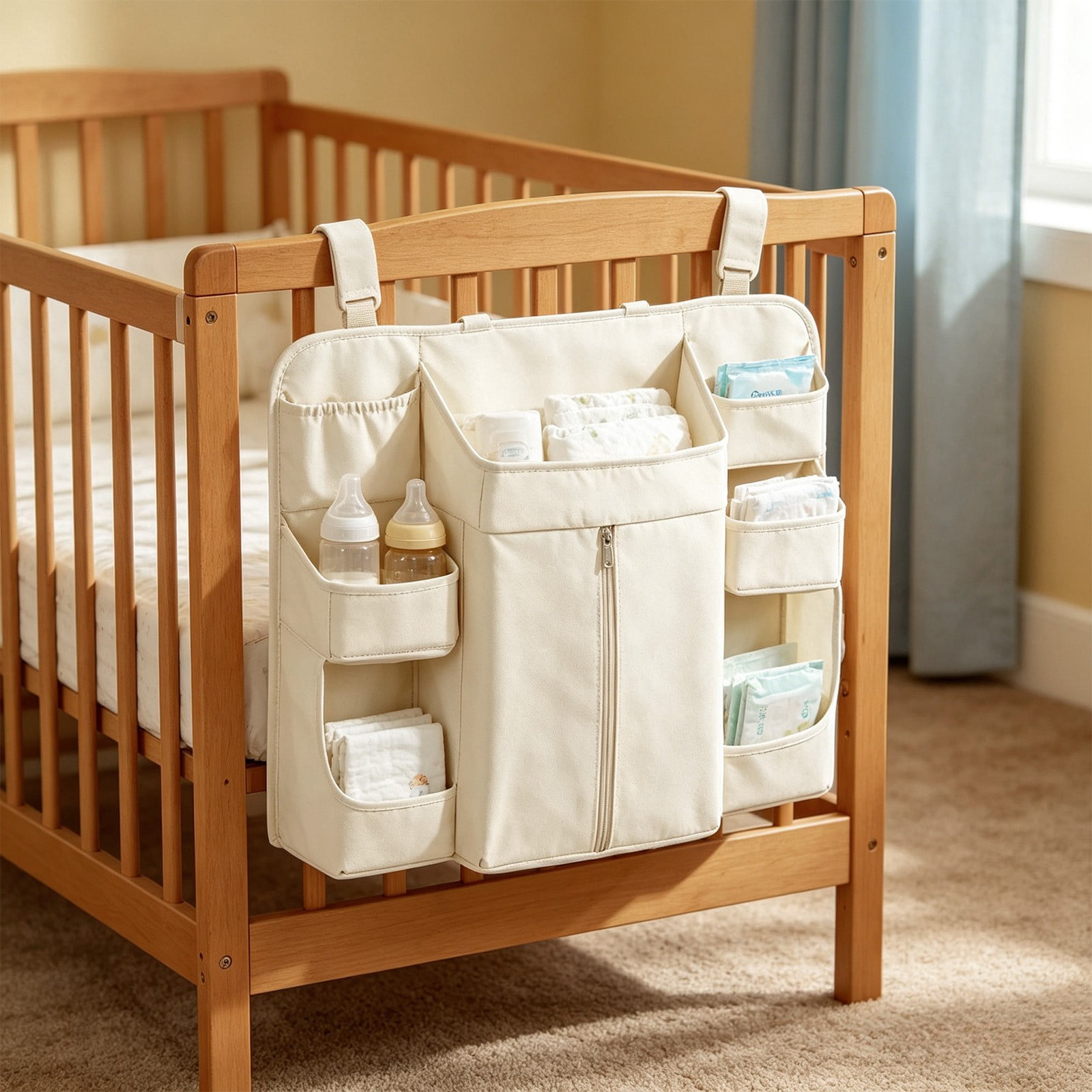 Crib Hanging Storage Bag, Large Capacity Layered Pockets, Waterproof Oxford Fabric, Drill Free Installation, Washable Nursery Organizer for Diaper Storage, Baby Essentials and Bedroom Tidying