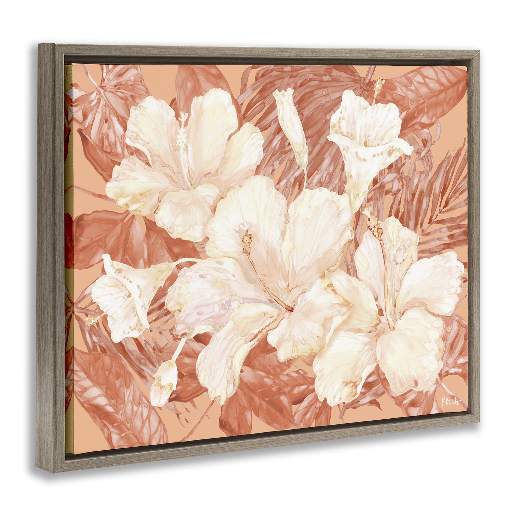 Stupell Industries Bright Hibiscus Bundle Plants & Flowers Painting Brown Floater Framed Canvas Art Print Wall Art, 21 x 17